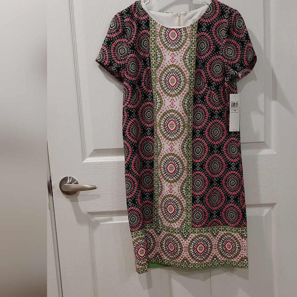 London Times Pink and Green Sheath Dress with Raglan Sleeves
